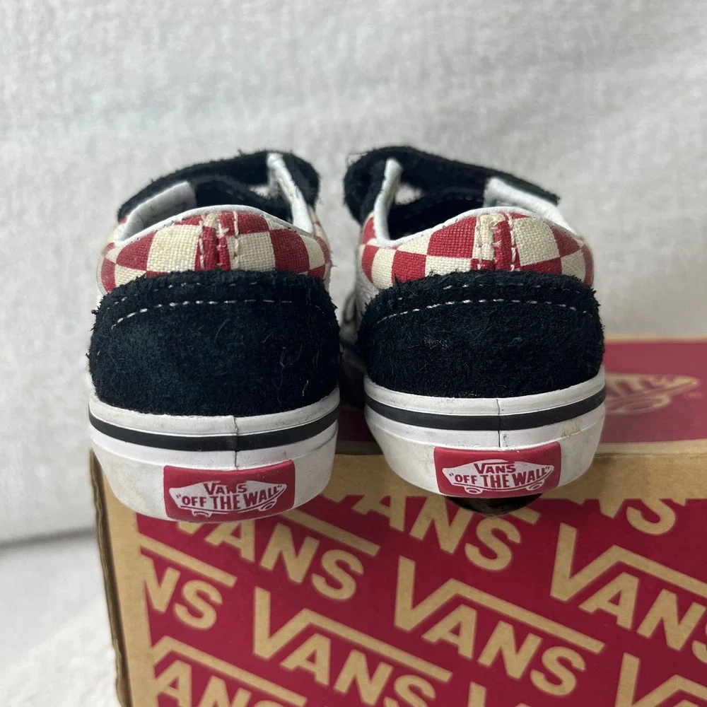 Toddler Vans Old Skool V Crib Shoes Red Checkerboard Black Suede Size 2‎